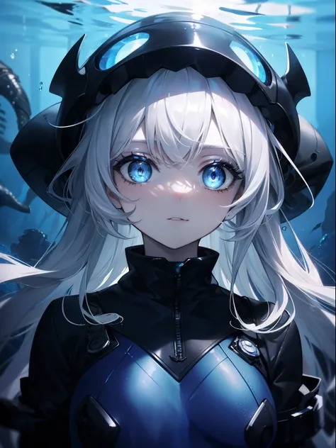 (Masterpiece, Best quality, ultra-high resolution),1girl,in the depths of the ocean, abyssal depth, beautiful and detailed face, detailed eyes,neoprene suit,((gray and blue theme)),Lovecraftian setting