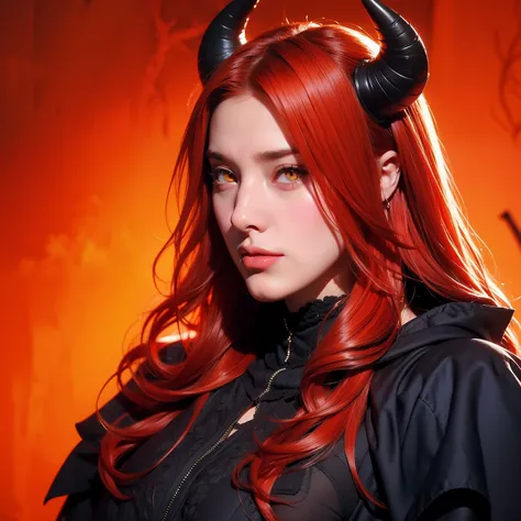 Woman, black horns, red hair, orange eyes, medieval background, devil