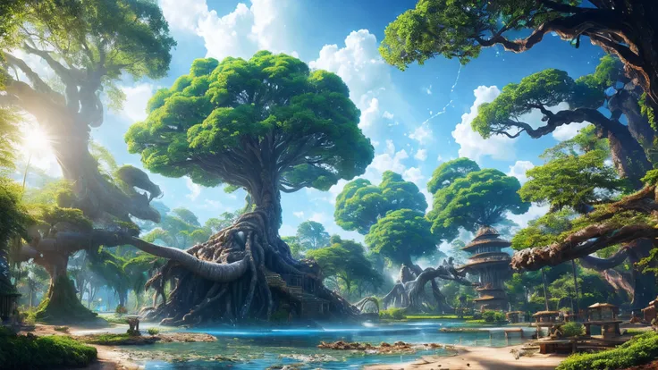 masterpiece, best quality, high quality, extremely detailed CG unity 8k wallpaper, a hyperrealistic colossal cyan raintree, in a futuristic prehistoric village, splashing water, sandy debris, lens flares, sunshaft, fluffy clouds, Hyperdetailed, HDR, bloom,...