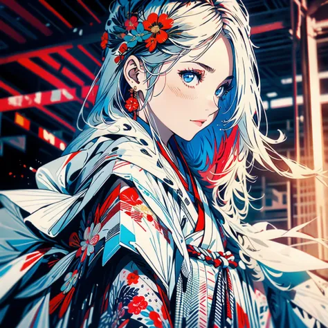 "1 girl in a modern printed traditional kimono."