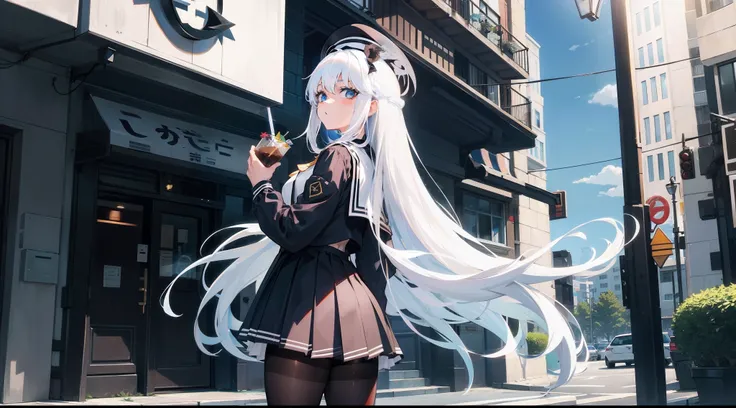 Long white hair, blue color eyes, Black pleated skirt，Inside was a white sailor suit，Wearing black pantyhose, Plump body, An anime character, Only one person，Drinking brown drinks on the street