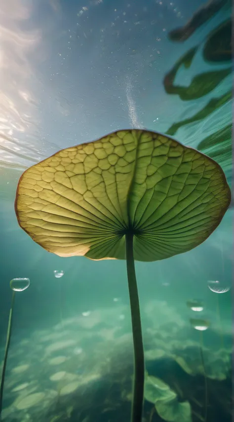 (A massive lotus leaf floats on the surface of the water), seen from below at an upward angle. The leaf is in focus, with bubbles around it, providing a soothing and calming scene. The high-definition photography captures every detail, bringing the scene t...