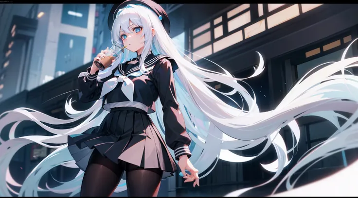 Long white hair, blue color eyes, Black pleated skirt，Inside was a white sailor suit，Wearing black pantyhose, Plump body, An anime character, Only one person，Drinking brown drinks on the street