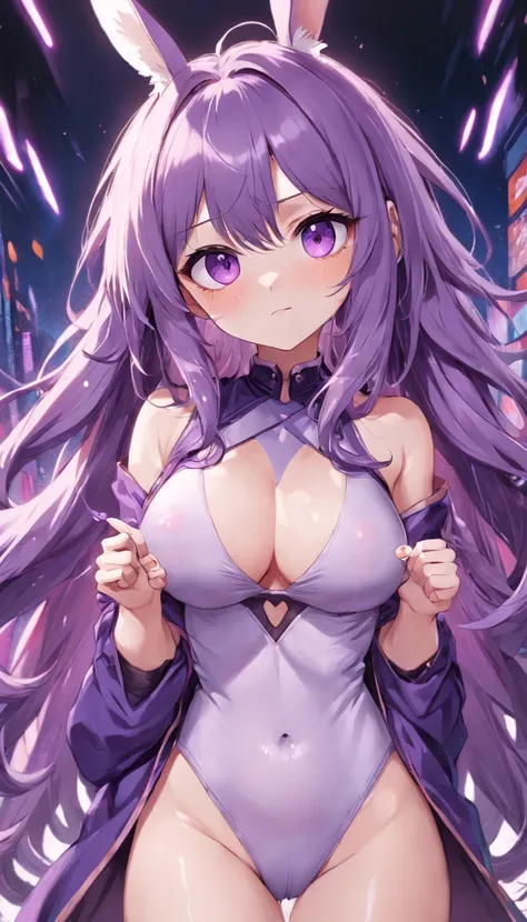 nsfw, ribs, large breasts, hair between eyes, wavy hair, purple hair, hairclip, slit pupils, purple eyes, cross-eyed, bunny girl, thumbs up,