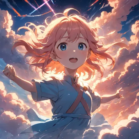 masterpiece, best quality, movie still, 1girl, cloud girl, floating in the sky, close-up, bright, happy, warm soft lighting, sunset, (sparks:0.7)