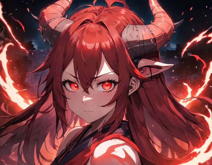 masterpiece, best quality, 1 male, red Oni, long brown hair, two horns coming from his forehead, and glowing red eyes