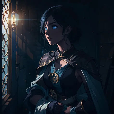 A portrait of a beautiful woman, a warrior with blue eyes and short, black hair wearing combat costumes, costumes for medieval fighting training, she is in a dark room, with moonlight being the only source of light coming in through the window., a well-con...