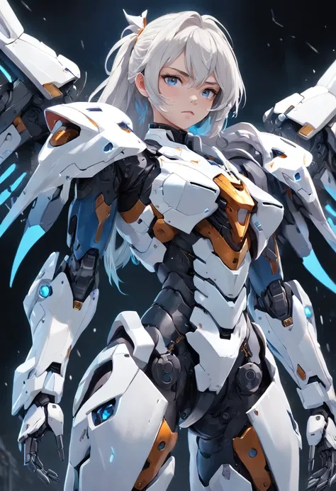 A close-up of a person in a suit with a sword, female mecha, raiden metal gear, ferra white mecha, girl in mecha cyber armor, High quality digital concept art, epic sci-fi character art, epic scifi character art, Mechanized Valkyrie girl, ethereal and mech...