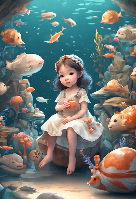 (Extremely cute and delicate CG illustration, Ultra-detailed and ultra-high-quality),Cute girl sitting on a snail，Surrounded by fish，Chinese baby girl，Underwater world background，1girll，Blue and white pottery long dress