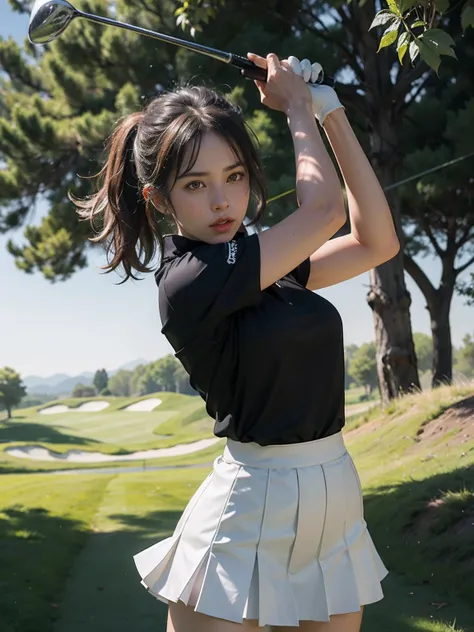 Photo style，photorealestic，tiger.wood,A woman plays golf, hitting a ball,Tulle skirt，Anatomically correct，Medium shot, High quality,Cinematic lighting effects，looking to the camera，