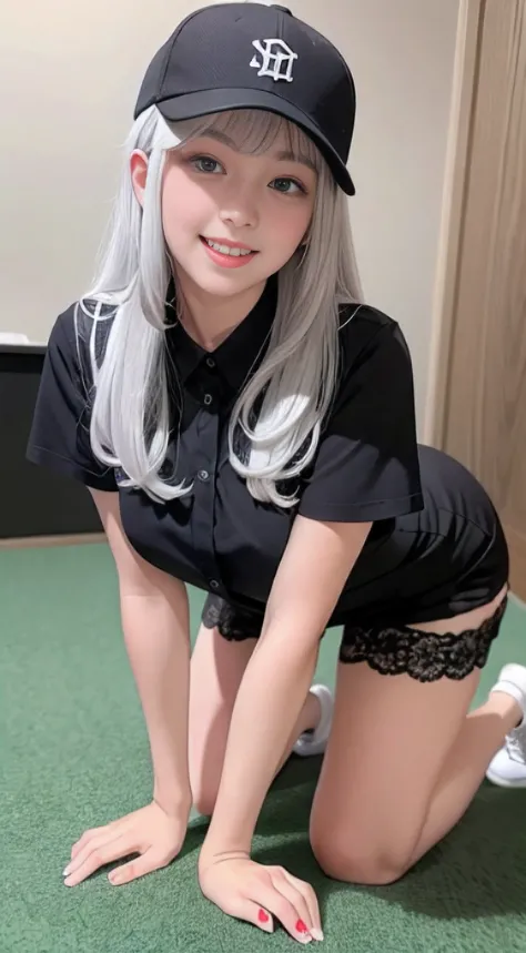 1girll（18yr old）, Silver hair，grow、A smile full of happiness、Green eye contact, Young face、Omouq、Incredibly cute，Panting Face、lack、After being attacked、full of sweat、Expressions in a state of excitement、Long hair、on the floor on all fours、Looks Back、Look f...