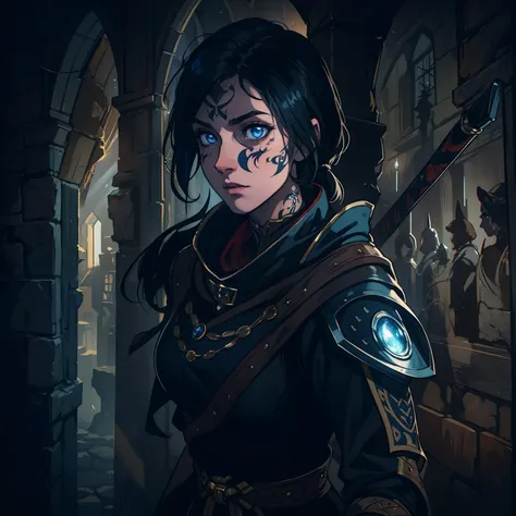 A portrait of a beautiful woman, a warrior with blue eyes and short, black hair with a tattoo on her face, she is wearing combat costumes, costumes for medieval fighting training, she is in a dark room with the moonlight being the only source of light that...