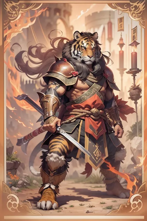 （anthropomorphic turtle），（Tiger head warrior：1.4），coda，a tall body，Stout limbs，disdain，ran，tosen，The long hairs of the flame fluttered in the wind，combats，Dynamic lines，Dimly lit battlefield，Ruined castle，（stereoscopic perspective：1.4），Works of masters，sup...