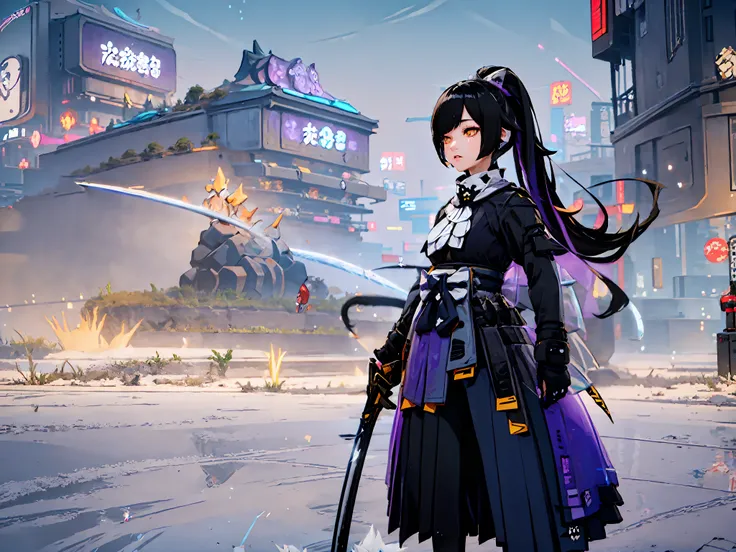 Female, beautiful face, black Long 1 pigtail hair, emo Hair, Holding a sword, yellow eyes, Standing at village, purple Strict samurai suit, Long black leggings, frost element, frost effect, frost particles, masterpiece