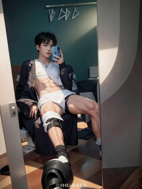 There was a man sitting in a chair taking a picture of himself, South Korean male, korean muscle boy 2 1 years old, Cai Xukun, Shin Jinying, Male ulzzang, shot on a Canon EOS R5, shot on canon eos r 5, There is no clothing on the upper body，With pectoral m...