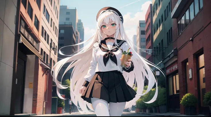 Long white hair, Green eyes, Black pleated skirt，Inside was a white sailor suit，Wearing black pantyhose, Plump body, An anime character, Only one person，Drinking brown drinks on the street