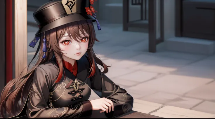 1girl, (hu tao genshin impact), adult body, focused upper body, realistic, (brown hair and black hat), red pupils, sitting pose, (black chinese suit), leaning on table