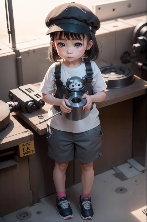 A cute 3 year old girl in China， Wear a cap，Gray tooling，Gray trousers，Lathe operation，Workshops, Workshops，assembly line，Black hair， adolable， with brown eye，by Pixar, tchibi，frontage，Full body portrait