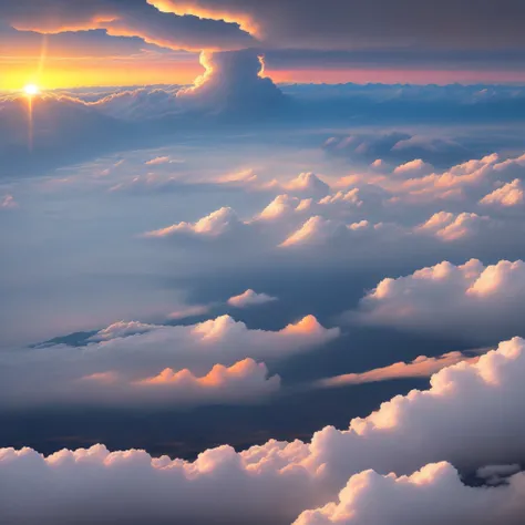 Look down at cumulonimbus clouds illuminated by the setting sun from an altitude of 10,000 meters。