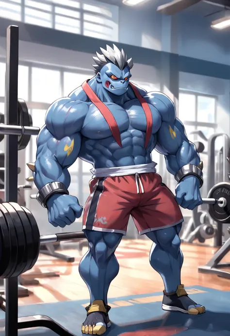 "a detailed art of Pokémon Machamp working out in a bodybuilding gym with a serious expression, Pokémon, 4k, 8k, Full HD, corpo inteiro, Pokémon Art Style, estilo de desenho hiper-realista, arte de anime limpa e detalhada, Bodybuilding gym background."