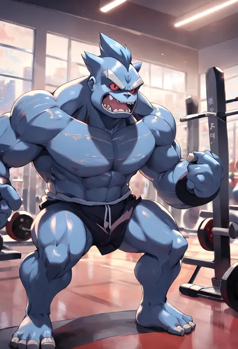 "a detailed art of Pokémon Machamp working out in a bodybuilding gym with a serious expression, Pokémon, 4k, 8k, Full HD, corpo inteiro, Pokémon Art Style, estilo de desenho hiper-realista, arte de anime limpa e detalhada, Bodybuilding gym background."