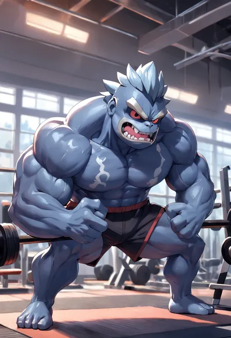 "a detailed art of Pokémon Machamp working out in a bodybuilding gym with a serious expression, Pokémon, 4k, 8k, Full HD, corpo inteiro, Pokémon Art Style, estilo de desenho hiper-realista, arte de anime limpa e detalhada, Bodybuilding gym background."