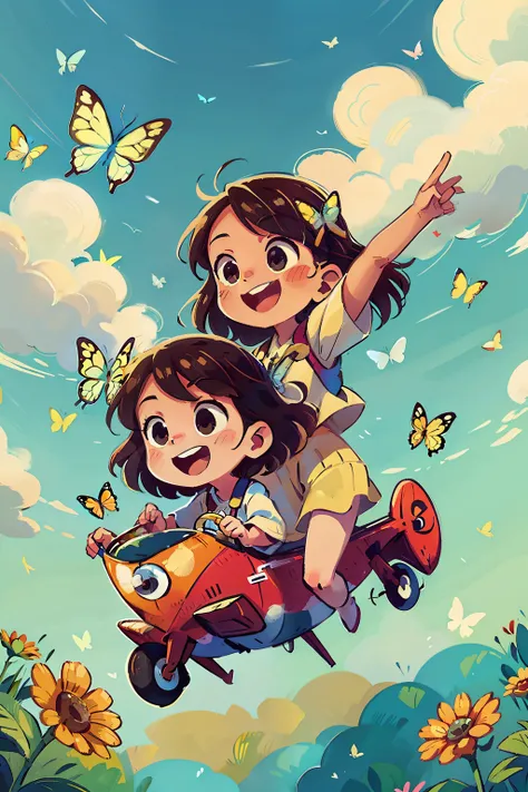 Generates an image of two happy very young girls on a biplane, sky with white clouds. colorful butterflies,