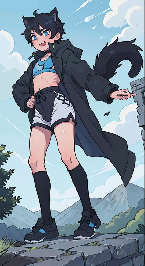 ((((((1boy)))))), fluffy dark blue hair, ((big sharp cat ears)), cat tail, slim figure, ((pale skin)), sky blue eyes, joyful, big thighs, big butt, fangs, slim waist, lean figure, skin pale, (((bulge))), black booty gym shorts, black thigh socks, black coa...