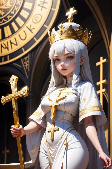 (obra-prima, melhor qualidade: 1.3), feminino, holy humanoid, Wearing white clothes with gold details, giant gold crown with a cross, a holy cross in her hand, giant basilica in the background