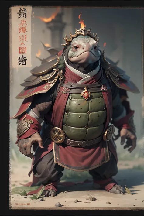 （anthropomorphic turtle），（Emperor Xingjun：1.4），coda，a tall body，Stout limbs，disdain，ran，tosen，The long hairs of the flame fluttered in the wind，combats，Dynamic lines，Dimly lit battlefield，Ruined castle，（stereoscopic perspective：1.4），Works of masters，super-...