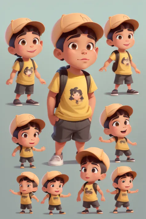 personagem de desenho animado de um menino Maori com cabelo preto e pele negra, vestindo uma camiseta, shorts, cap and a backpack with different poses and poses;, arte conceitual dos desenhos animados, design de personagem muito estilizado, Design de perso...