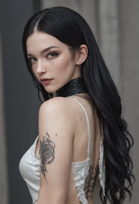 a sexy girl at a party,  (white crop top:1.2), small breast, black and blue leather, tattoo, hyper detailed, ultra sharp, long black hair in braids, 8k, (insanely detailed:1.5), full body photograph, 20 megapixel, canon eos r3, detailed skin, pale skin