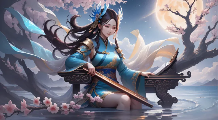 1 Girl in red dress sitting in a tree playing piano, Long hair,Big sleeves, Long hair in the air,Beautiful celestial mage, Sea Empress Mu Yanling, Onmyoji detailed art, beautiful fantasy empress, ((full-body xianxia)),Chinese fantasy, Goddess of the sun, B...