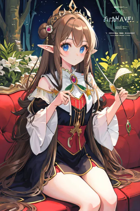 Elf Princess，long whitr hair，ln the forest，Frontal photo，（tmasterpiece：1.3）， best qualtiy， offcial art， MagazineCover， ultra - detailed， 1980s（styled）， Elegant dress， liveroom， sitting in the couch， long whitr hair， curlies， brown  hair， eBlue eyes， eye gl...