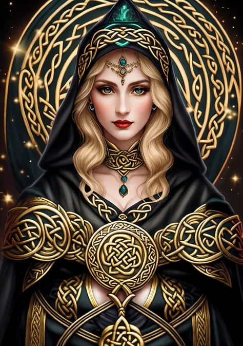 Woman in black cloak and gold jewelry, Holding the Sword, Celtic fantasy art, Elven Priestess, Norse goddess, The Sorceress Woman, portrait of a norse moon goddess, Portrait of the Celtic goddess Diana, hecate goddess, Wiccan, Beautiful sorceress, Beautifu...