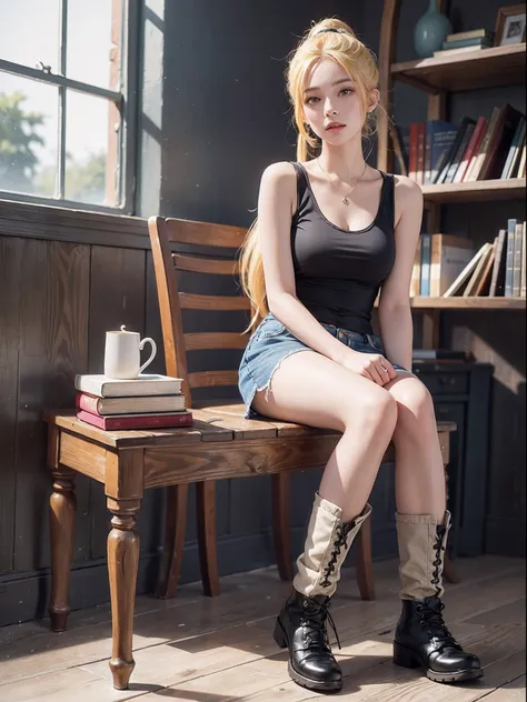 Masterpiece, intricate detail, 8k, hires, ultra detailed, extremely delicate and beautiful, Best quality, a woman with a yellow hair ponytail, dressed in a tank top and short denim skirt, high boot shoes, sitting in in chair on book gallery.”