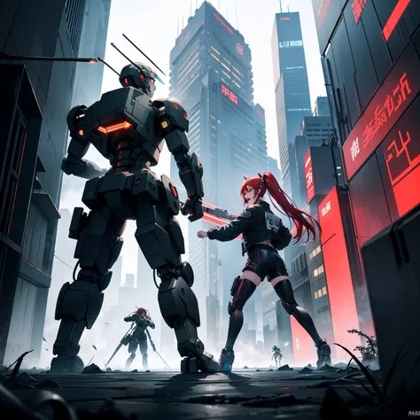 Full body shot, female asian Irina Shidou red hair twintails green eyes, in a cyberpunk city, wearing a bomber jacket and crop top and denim shorts, fighting a humanoid robot android with metal chrome exterior, holding a big machine gun, holding a long las...