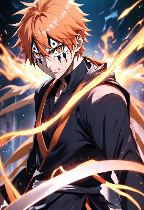 uma arte detalhada do personagem masculino Kurosaki Ichigo, Estilo de arte Bleach, Inspirado por Tite Kubo, Estilo Anime, Corpo Inteiro, Full HD, 4K, 8K, estilo de desenho hiper-realista, arte de anime limpa e detalhada, dynamic background,