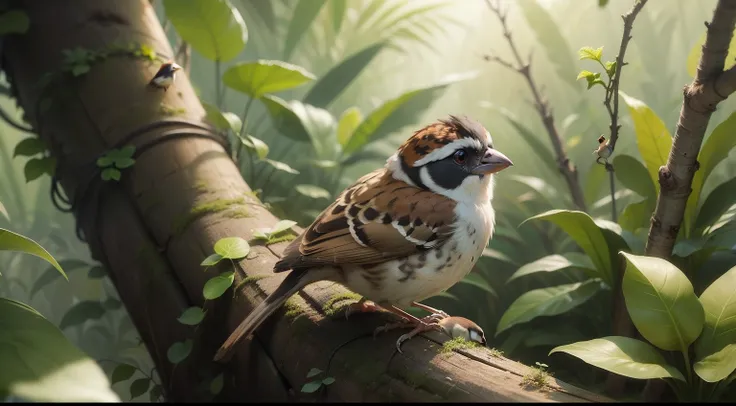 Other animals laughed, but small sparrow remained undeterred,in jungle,cartoon style,