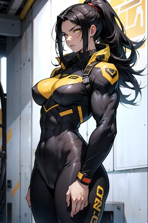 1 girl, black hair, yellow eyes, very long hair, pale skin, ((((extremely muscular)))), large breasts, (confident expression), pilot suit, curvy