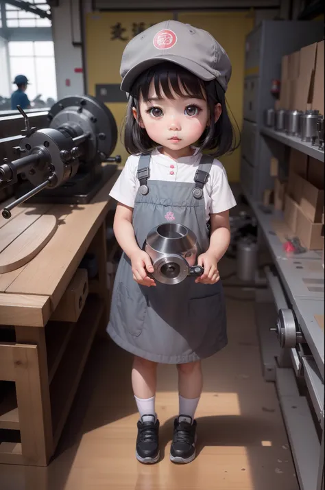 A cute 3 year old girl in China， Wear a cap，Gray tooling，Gray trousers，Lathe operation，Workshops, Workshops，assembly line，Black hair， adolable， with brown eye，by Pixar, tchibi，frontage，Full body portrait