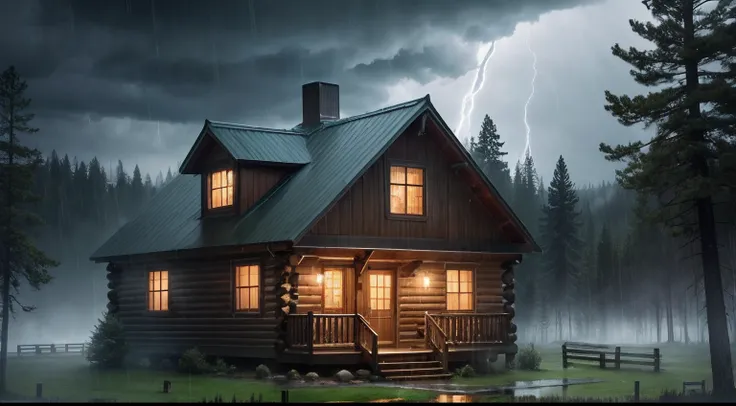 strong storm with lightning and thunder in the cabin, with a chimney coming out of smoke, a cabin with lawn and a wooden fence around the cabin, ultra realistic high quality photo with image of falling raindrops, and some trees --auto