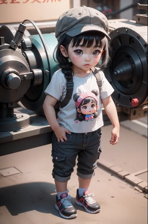 A cute 3 year old girl in China， Wear a cap，Gray tooling，Gray trousers，Lathe operation，Workshops, Workshops，assembly line，Black hair， adolable， with brown eye，by Pixar, tchibi，frontage，Full body portrait