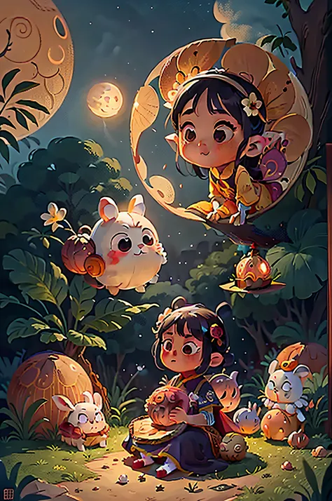 mid-autumn festival, Moon cake, Cute fairy, Beautiful big eyes, Wear ancient costumes, Rabbit playing around girl, Auspicious clouds, A huge moon is behind, Warm colors, Abstract Imagery,Pixar style, Disney  style, 8k