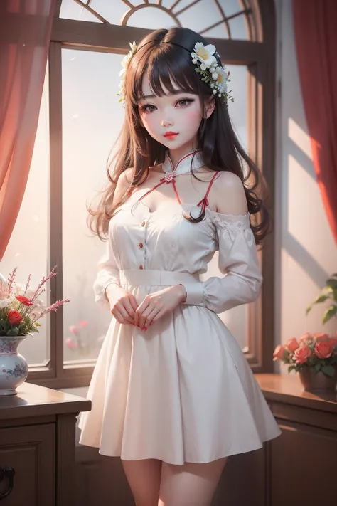 The flowers are as delicate as spring，The light of the eyes flows like the stars。Red lips smiled slightly，Gentle manners like graceful ，Cute girl sad alone