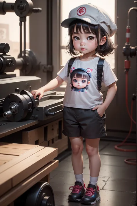 A cute 3 year old girl in China， Wear a cap，Gray tooling，Gray trousers，Lathe operation，Workshops, Workshops，assembly line，Black hair， adolable， with brown eye，by Pixar, tchibi，frontage，Full body portrait