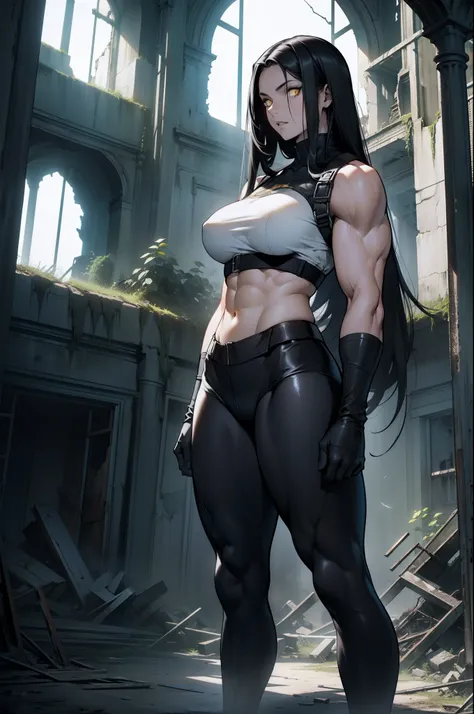 1 girl, black hair, yellow eyes, very long hair, pale skin, ((((extremely muscular)))), large breasts, curvy, abandoned ruin, shadow, dark atmosphere