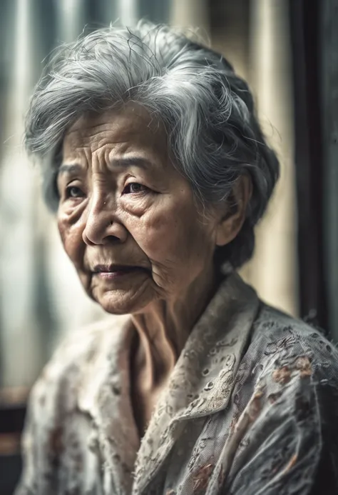 The image of an older woman, Very sad elderly woman, with short gray hair,, Bokeh, Photo, 8K, Dark action, Dynamic, Washed Pale Style, Cracked lens, Nostalgic dreamer, Soft Focus, dark vignette, light  leaks, Medium photo, Ethereal artistic dark photos, ca...