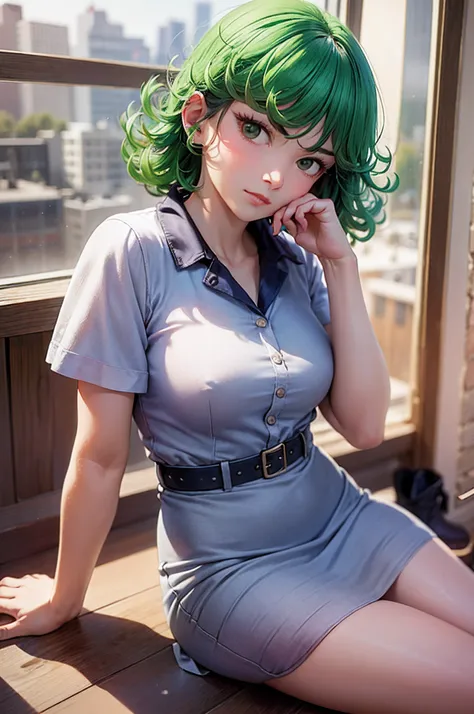 (Masterpiece, Best Quality:1.2), 独奏, 1girl, tatsumaki, unamused, closed mouth, looking a viewer, hand on our face, sitting, Short dress,big thighs,crossing leg