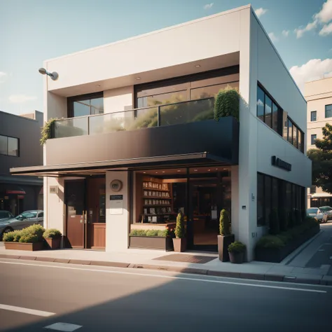 architecture shot, single building of a starbuck café, empty parking bay at the front, nice shrubbery surrounding the café, blue...